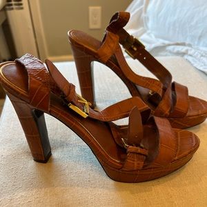 Cognac croc print leather Ralph Lauren sandal